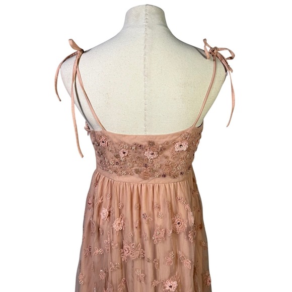BHLDN Tulle Floral Embroidered Gown Peach Spaghetti Strap Maxi Dress Size 12 - Picture 5 of 16